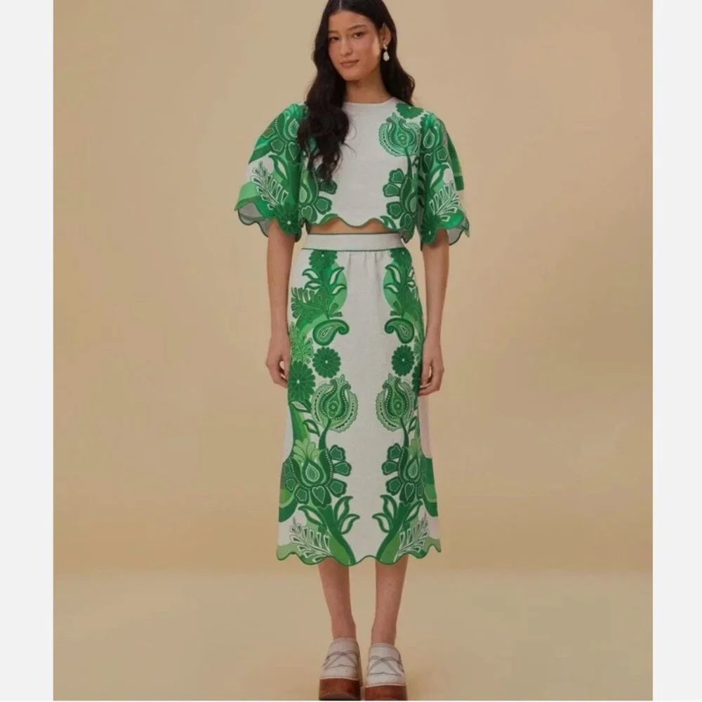 FARM Rio Color Festival Linen Midi Skirt, Green, NWT 🇧🇷 - Picture 2 of 16